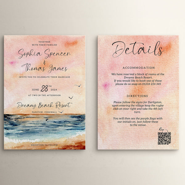 Wedding Invitation Azure Design, Wedding Stationery, Wedding Invites, Double Sided Invitations, Printed Invitations, Beach Wedding Invite