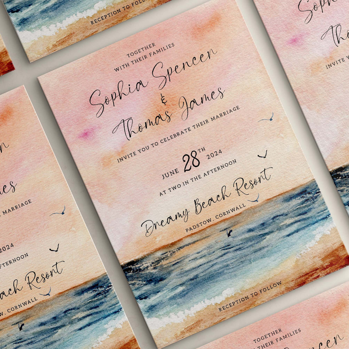 Wedding Invitation Azure Design, Wedding Stationery, Wedding Invites, Double Sided Invitations, Printed Invitations, Beach Wedding Invite