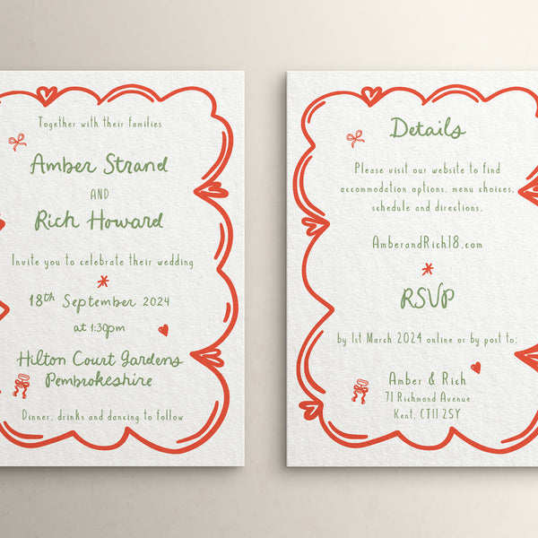 Wedding Invites, Hand Drawn Scribble Illustrations, Funky, Colourful, Whimsical, Double Sided Invitations, Modern Wedding Invitations.
