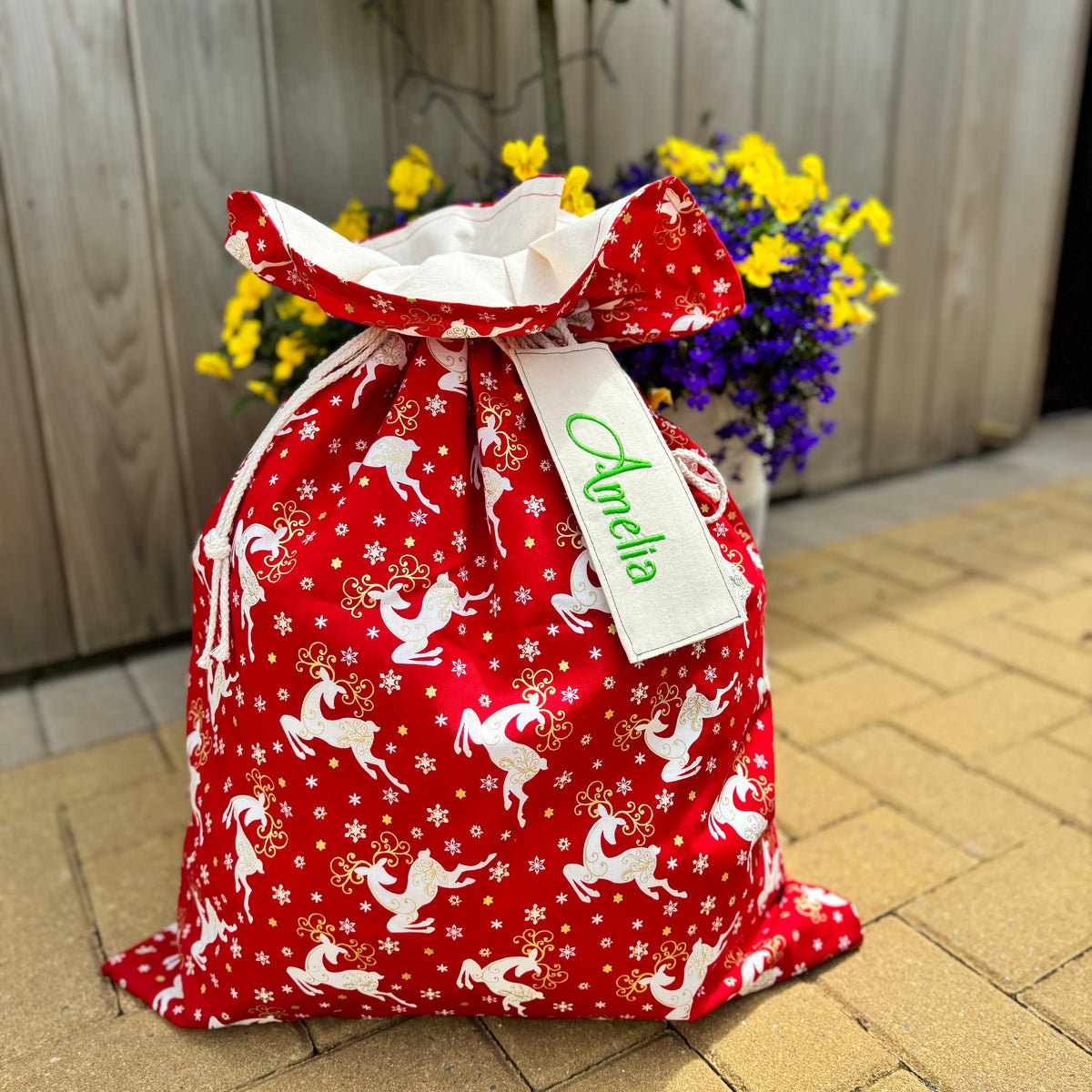 Christmas Santa Sack, Embroidered Name Tag, Quality 100% Handmade, Christmas Gift Ideas, Fully Lined Christmas Sack, Christmas Stocking.