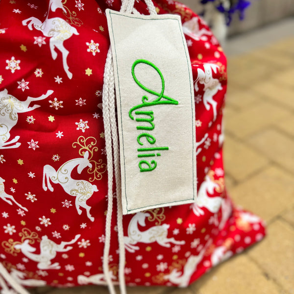 Christmas Santa Sack, Embroidered Name Tag, Quality 100% Handmade, Christmas Gift Ideas, Fully Lined Christmas Sack, Christmas Stocking.