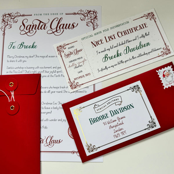 Personalised Letter From Santa, Real Gold Foil Envelope, Father Christmas Letter, Nice List Certificate, Stocking Filler, Unique Gift.