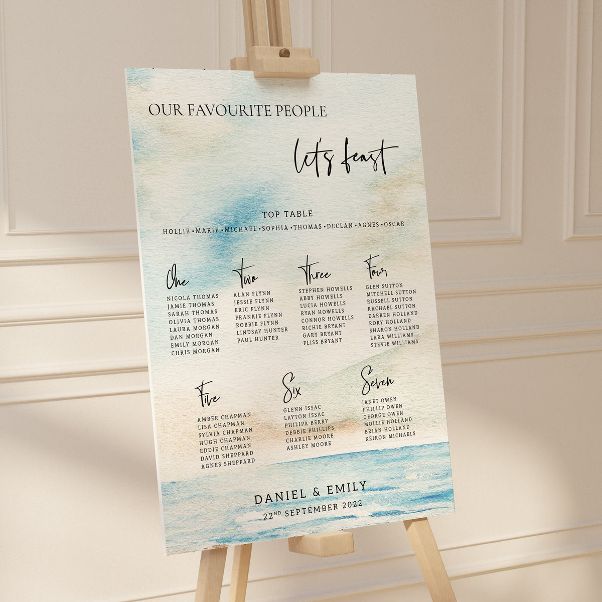 Seascape Wedding Table Plan: Coastal Watercolour Design