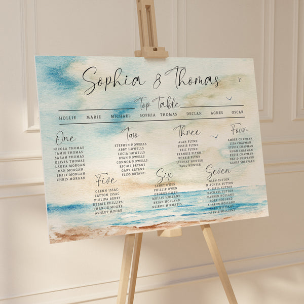 Seascape Wedding Table Plan: Beach Watercolour Design