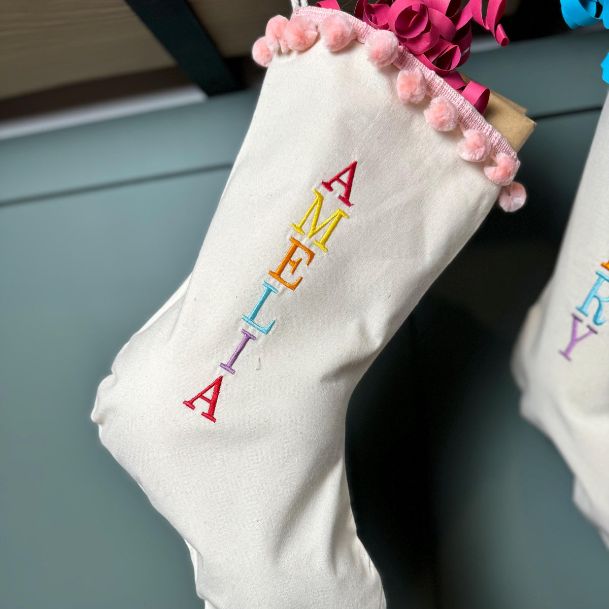 Personalised Christmas Stocking, Embroidered Name, Contemporary Modern Colourful Christmas Stockings, Stocking with Tassels.