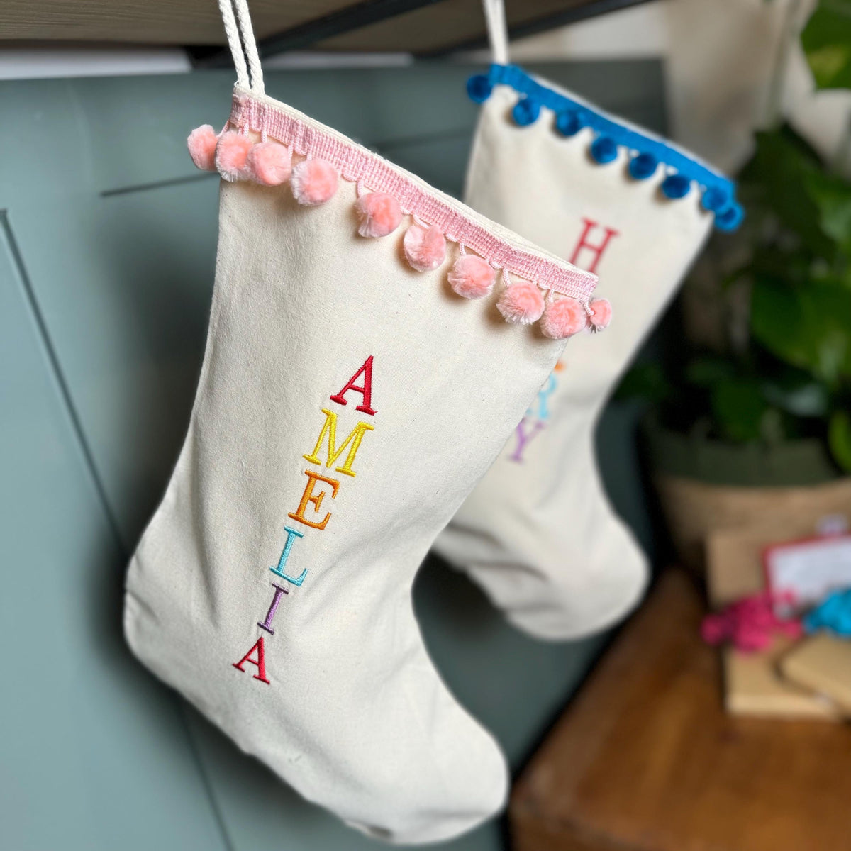 Personalised Christmas Stocking, Embroidered Name, Contemporary Modern Colourful Christmas Stockings, Stocking with Tassels.