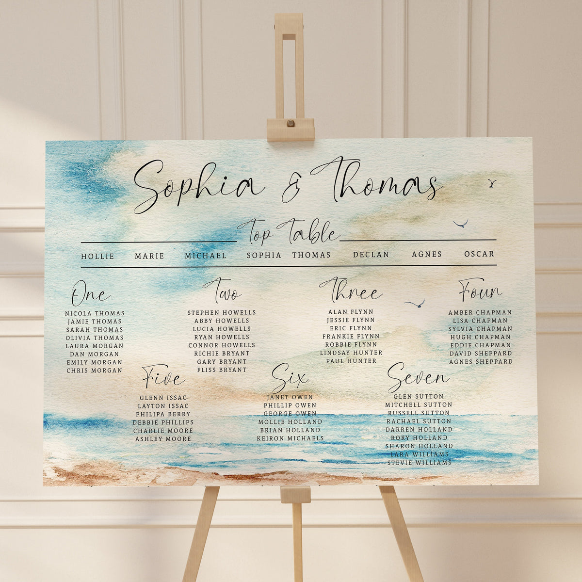 Seascape Wedding Table Plan: Beach Watercolour Design