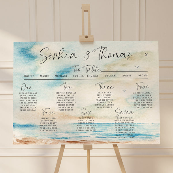 Seascape Wedding Table Plan: Beach Watercolour Design