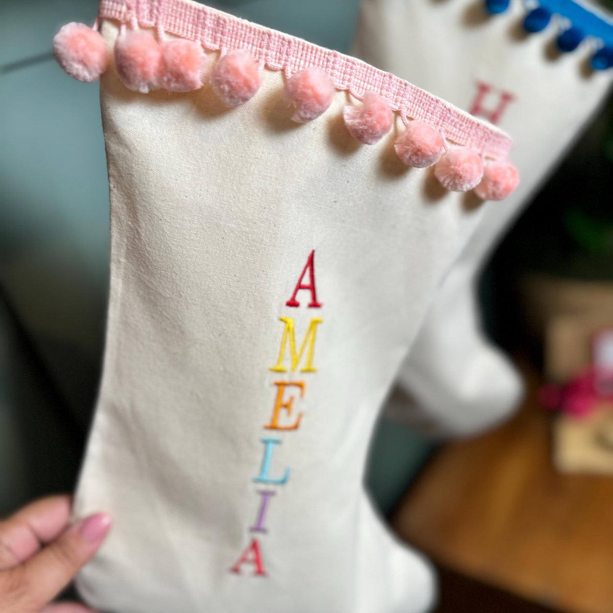 Personalised Christmas Stocking, Embroidered Name, Contemporary Modern Colourful Christmas Stockings, Stocking with Tassels.