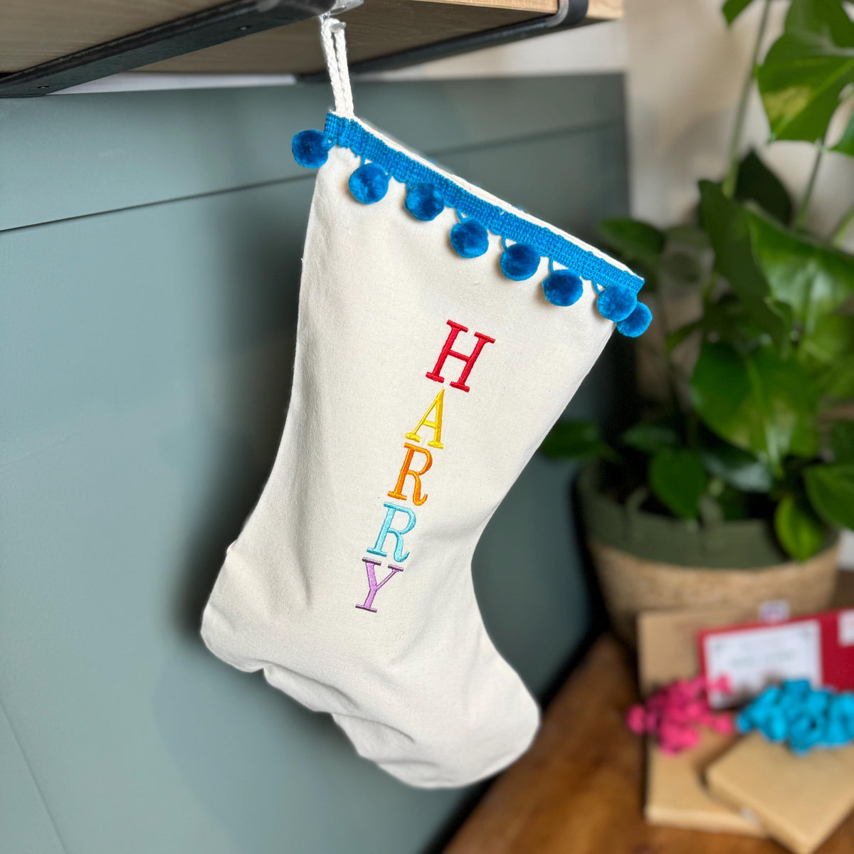 Personalised Christmas Stocking, Embroidered Name, Contemporary Modern Colourful Christmas Stockings, Stocking with Tassels.