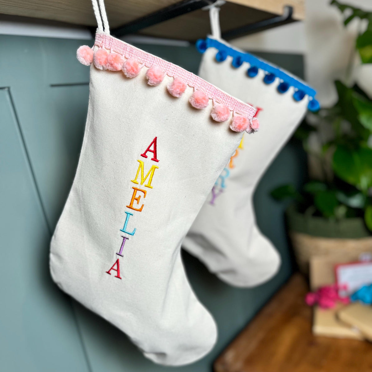 Personalised Christmas Stocking, Embroidered Name, Contemporary Modern Colourful Christmas Stockings, Stocking with Tassels.