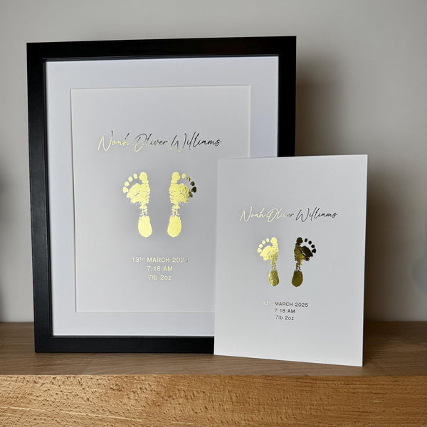 A5 Personalised Baby Hand & Footprint Gold Foil Print, New Baby Keepsake Gift, Birth Announcement Print, Free Ink Kit, Nursery Wall Art