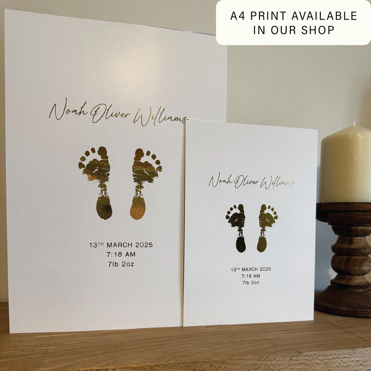A5 Personalised Baby Hand & Footprint Gold Foil Print, New Baby Keepsake Gift, Birth Announcement Print, Free Ink Kit, Nursery Wall Art