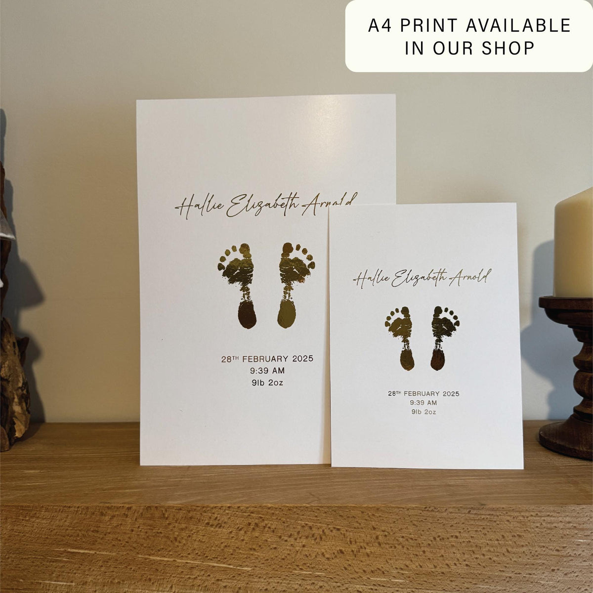 A5 Personalised Baby Hand & Footprint Gold Foil Print, New Baby Keepsake Gift, Birth Announcement Print, Free Ink Kit, Nursery Wall Art