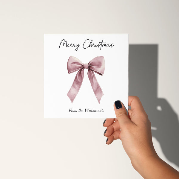 Watercolour Pink Bow Christmas Card: Elegant Xmas Greeting Card