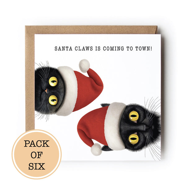 Black Cat Christmas Card Pack: Funny Santa Hat Cat Greeting Card, Pack of 6