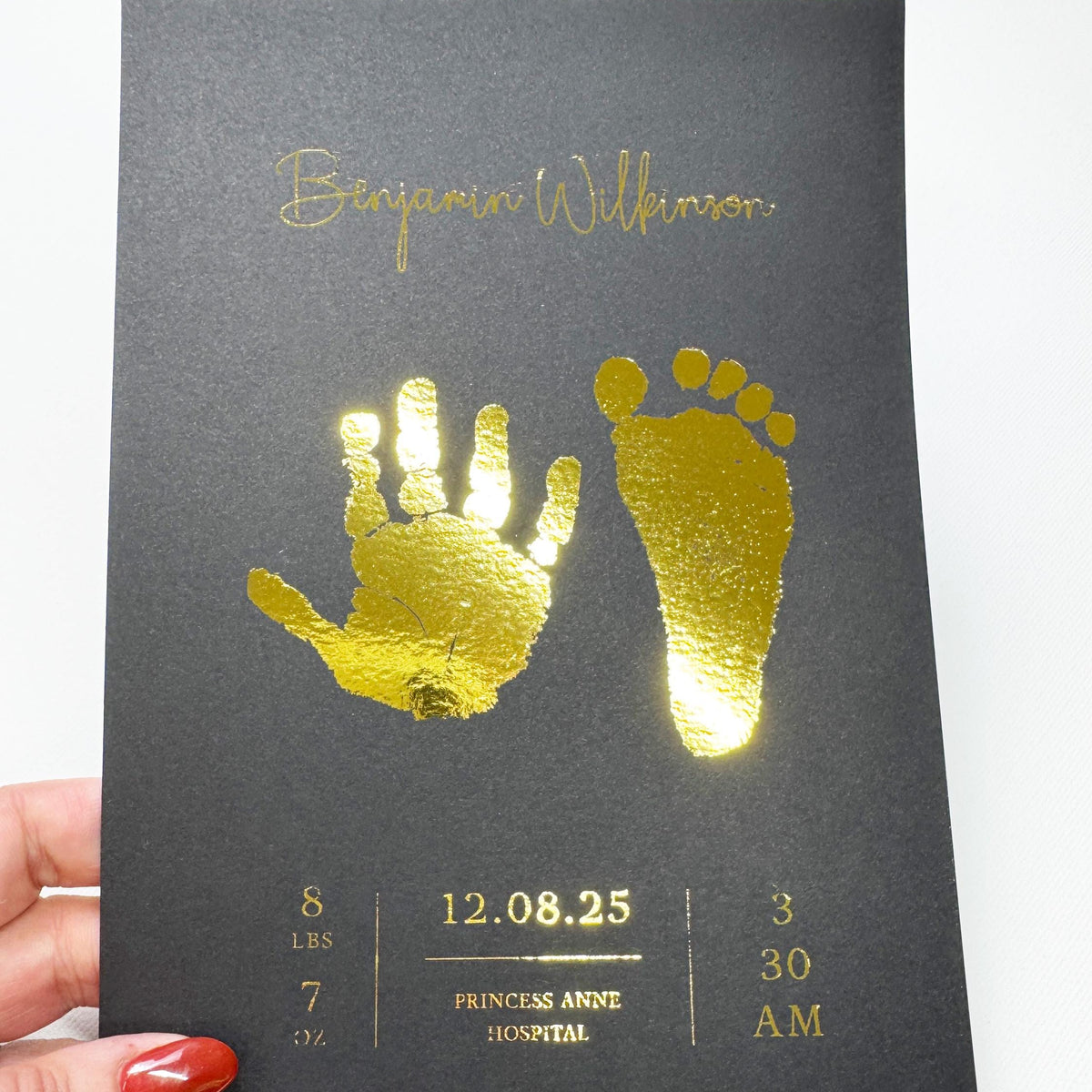 A5 Personalised Baby Hand & Footprint Gold Foil Print, New Baby Keepsake Gift, Birth Announcement Print, With Ink-less Ink Kit