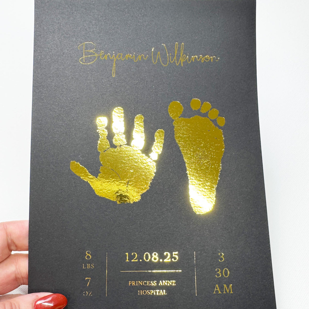 A5 Personalised Baby Hand & Footprint Gold Foil Print, New Baby Keepsake Gift, Birth Announcement Print, With Ink-less Ink Kit