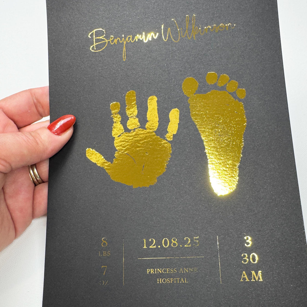 A5 Personalised Baby Hand & Footprint Gold Foil Print, New Baby Keepsake Gift, Birth Announcement Print, With Ink-less Ink Kit
