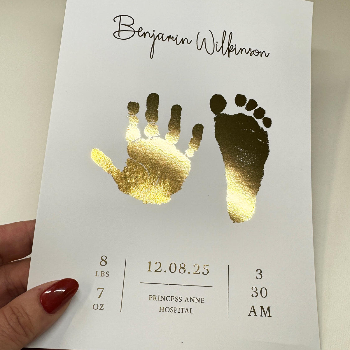 A5 Personalised Baby Hand & Footprint Gold Foil Print, New Baby Keepsake Gift, Birth Announcement Print, With Ink-less Ink Kit