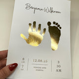 A5 Personalised Baby Hand & Footprint Gold Foil Print, New Baby Keepsake Gift, Birth Announcement Print, With Ink-less Ink Kit