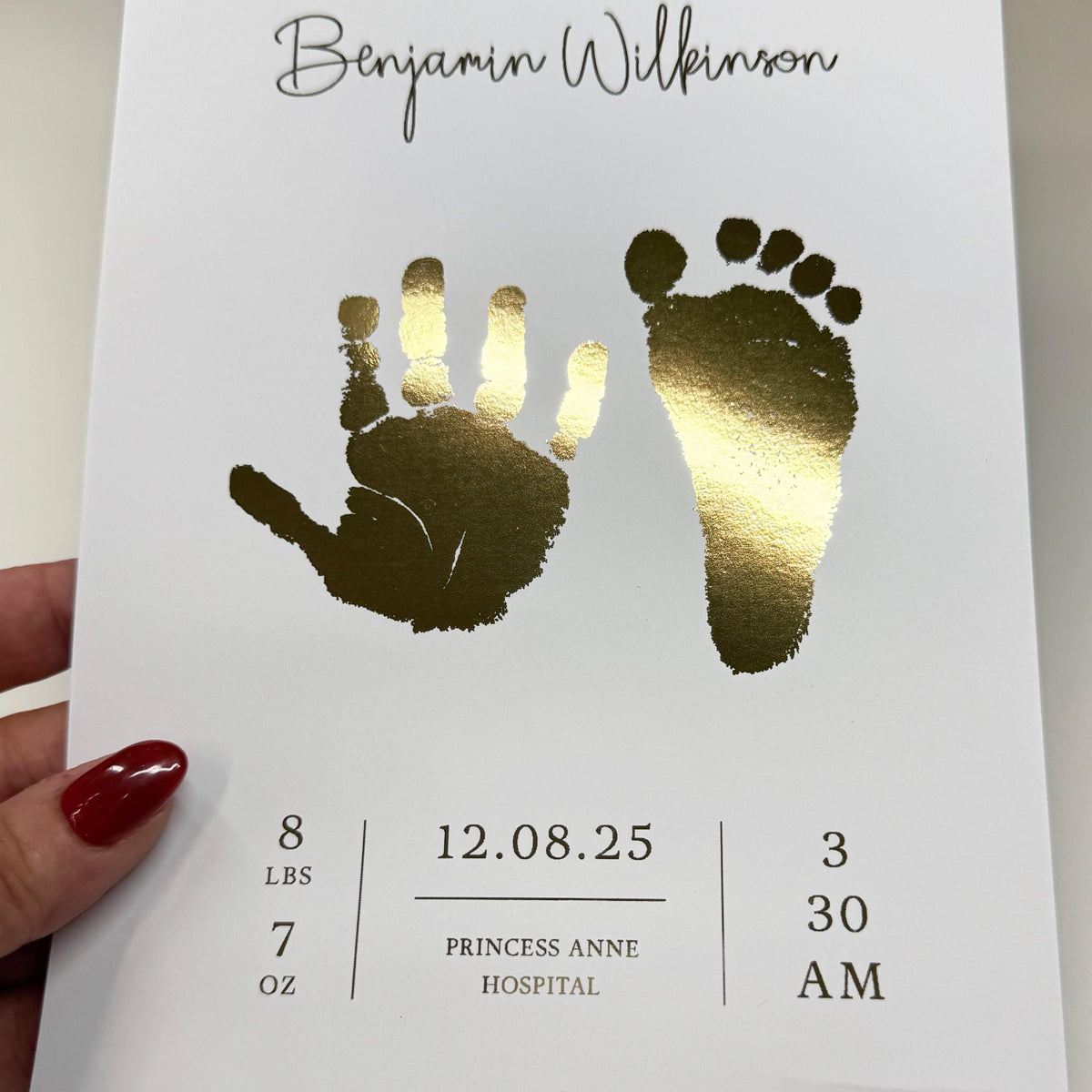 A5 Personalised Baby Hand & Footprint Gold Foil Print, New Baby Keepsake Gift, Birth Announcement Print, With Ink-less Ink Kit