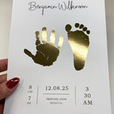 A5 Personalised Baby Hand & Footprint Gold Foil Print, New Baby Keepsake Gift, Birth Announcement Print, With Ink-less Ink Kit