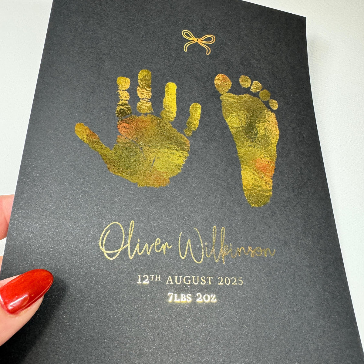 A5 Personalised Baby Hand & Footprint Metallic Foil Print, New Baby Keepsake Gift, Birth Announcement Print, With Ink-less Ink Kit