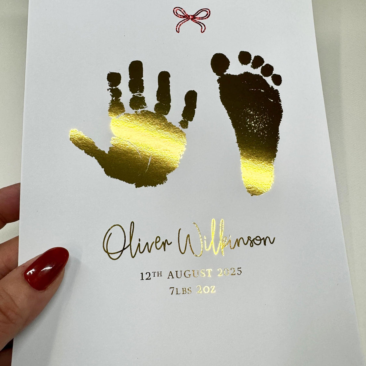 A5 Personalised Baby Hand & Footprint Metallic Foil Print, New Baby Keepsake Gift, Birth Announcement Print, With Ink-less Ink Kit