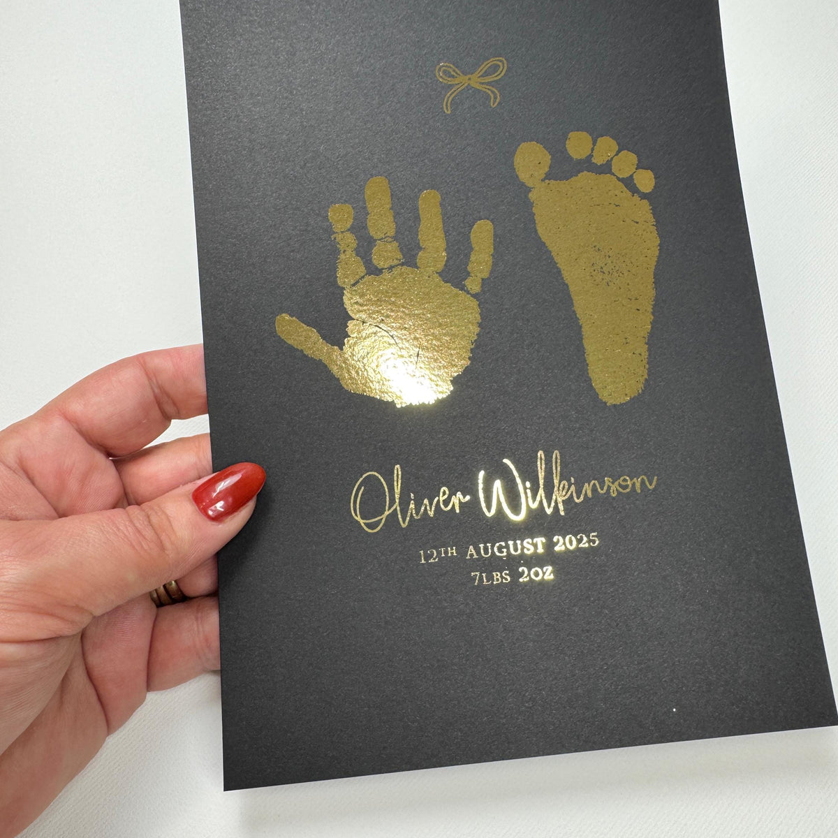A5 Personalised Baby Hand & Footprint Metallic Foil Print, New Baby Keepsake Gift, Birth Announcement Print, With Ink-less Ink Kit