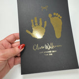 A5 Personalised Baby Hand & Footprint Metallic Foil Print, New Baby Keepsake Gift, Birth Announcement Print, With Ink-less Ink Kit
