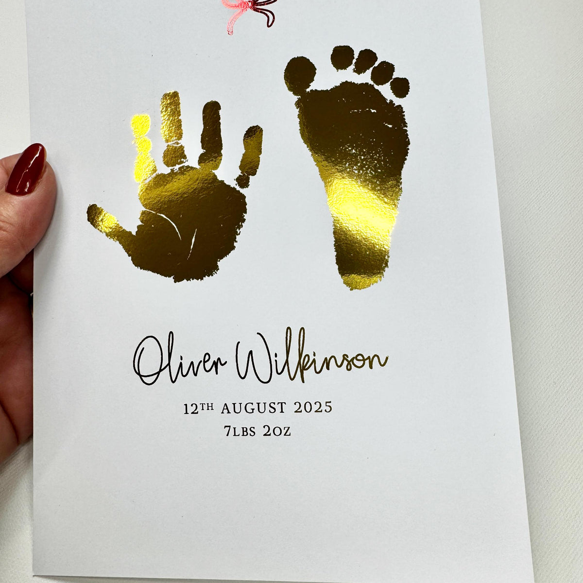 A5 Personalised Baby Hand & Footprint Metallic Foil Print, New Baby Keepsake Gift, Birth Announcement Print, With Ink-less Ink Kit
