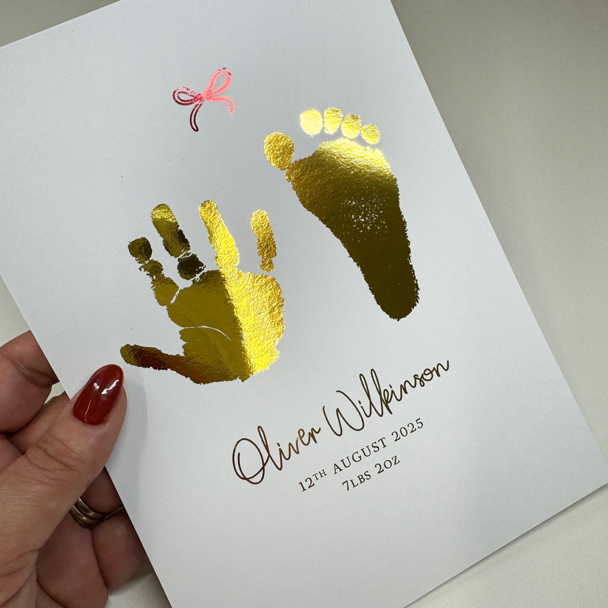 A5 Personalised Baby Hand & Footprint Metallic Foil Print, New Baby Keepsake Gift, Birth Announcement Print, With Ink-less Ink Kit