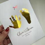 A5 Personalised Baby Hand & Footprint Metallic Foil Print, New Baby Keepsake Gift, Birth Announcement Print, With Ink-less Ink Kit