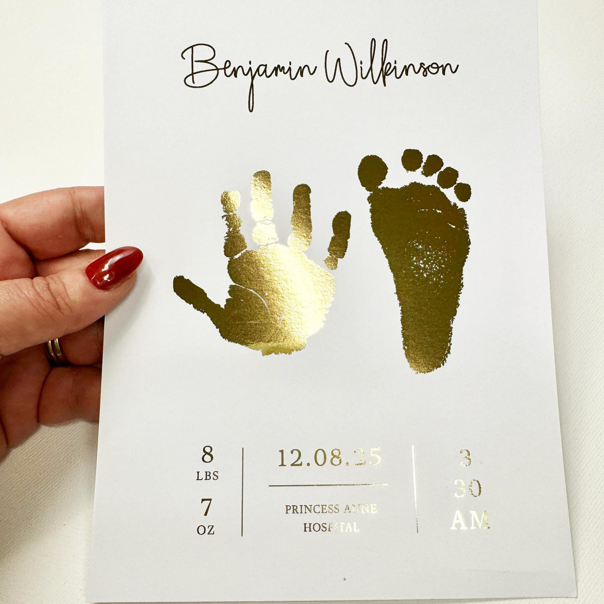 A5 Personalised Baby Hand & Footprint Gold Foil Print, New Baby Keepsake Gift, Birth Announcement Print, With Ink-less Ink Kit