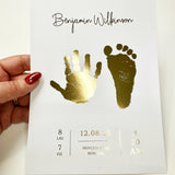 A5 Personalised Baby Hand & Footprint Gold Foil Print, New Baby Keepsake Gift, Birth Announcement Print, With Ink-less Ink Kit