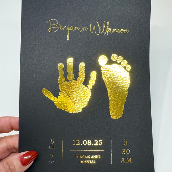 A5 Personalised Baby Hand & Footprint Gold Foil Print, New Baby Keepsake Gift, Birth Announcement Print, With Ink-less Ink Kit
