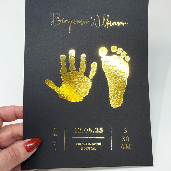 A5 Personalised Baby Hand & Footprint Gold Foil Print, New Baby Keepsake Gift, Birth Announcement Print, With Ink-less Ink Kit