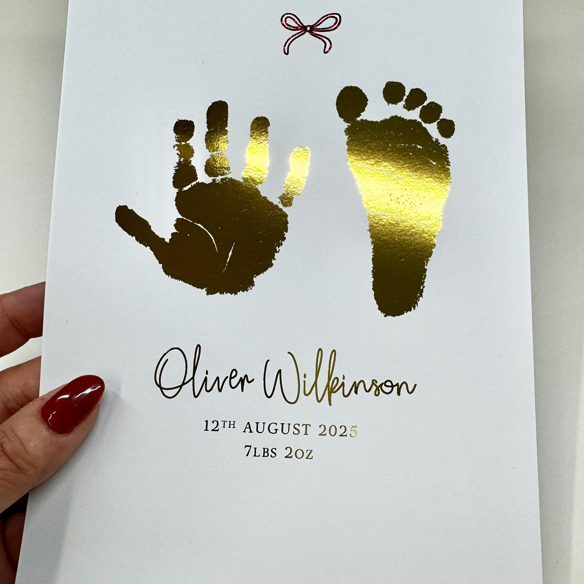 A5 Personalised Baby Hand & Footprint Metallic Foil Print, New Baby Keepsake Gift, Birth Announcement Print, With Ink-less Ink Kit