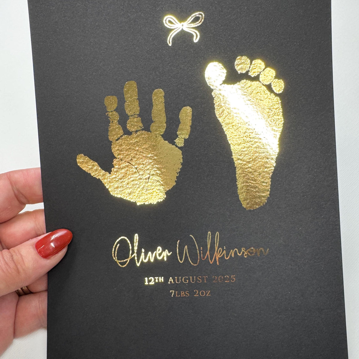 A5 Personalised Baby Hand & Footprint Metallic Foil Print, New Baby Keepsake Gift, Birth Announcement Print, With Ink-less Ink Kit