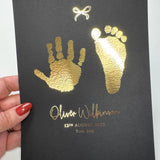 A5 Personalised Baby Hand & Footprint Metallic Foil Print, New Baby Keepsake Gift, Birth Announcement Print, With Ink-less Ink Kit