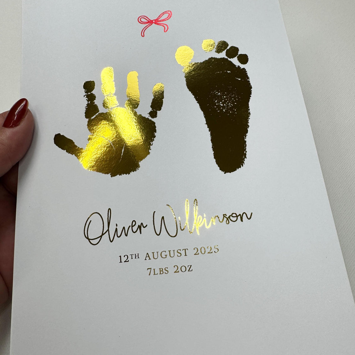 A5 Personalised Baby Hand & Footprint Metallic Foil Print, New Baby Keepsake Gift, Birth Announcement Print, With Ink-less Ink Kit