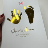 A5 Personalised Baby Hand & Footprint Metallic Foil Print, New Baby Keepsake Gift, Birth Announcement Print, With Ink-less Ink Kit
