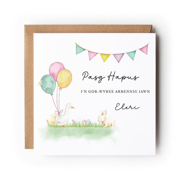 Personalised Welsh Easter Card for Great-Grandchild, Cerdyn Pasg Cymraeg personol i gor-wyres neu gor-ŵyr, Cerdyn Pasg Hapus
