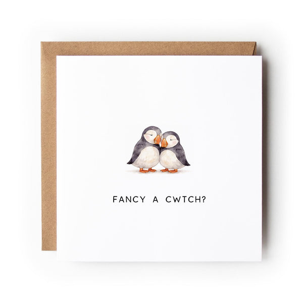 Welsh Puffin Valentine’s Card, Fancy a Cwtch?, Welsh Love Card