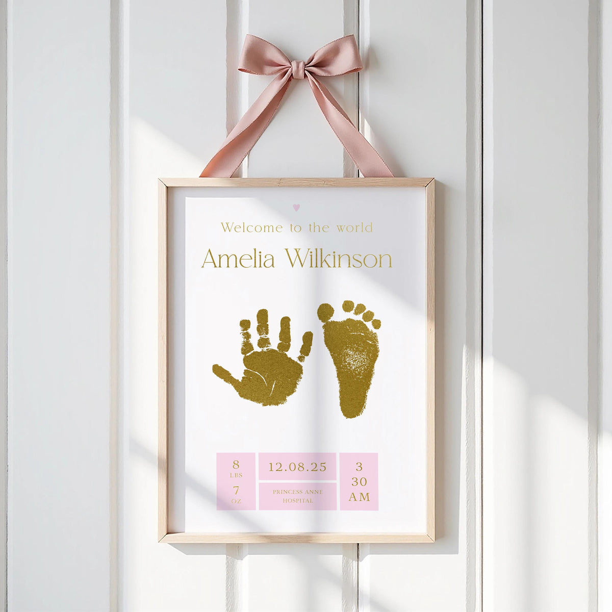 A5 Pink Personalised Baby Hand & Footprint Metallic Foil Print, New Baby Keepsake Gift, With Ink-less Ink Kit