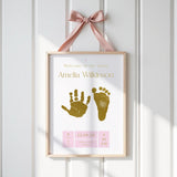 A5 Pink Personalised Baby Hand & Footprint Metallic Foil Print, New Baby Keepsake Gift, With Ink-less Ink Kit