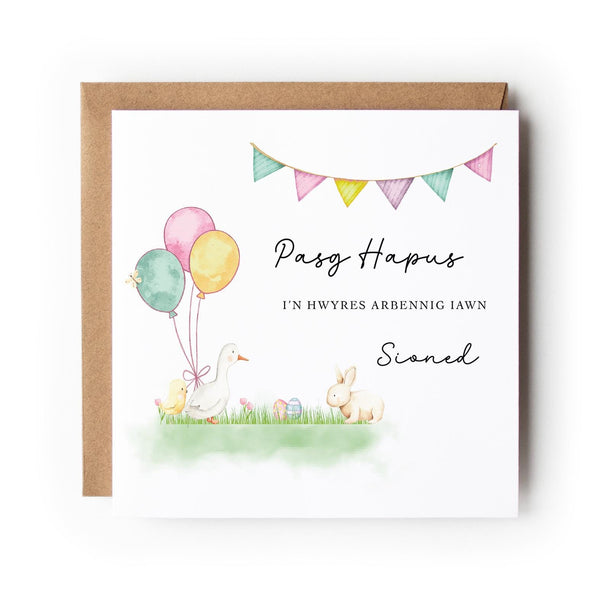Personalised Welsh Easter Card for Granddaughter or Grandson, Cerdyn Pasg Cymraeg personol i wyres neu ŵyr, Cerdyn Pasg Hapus