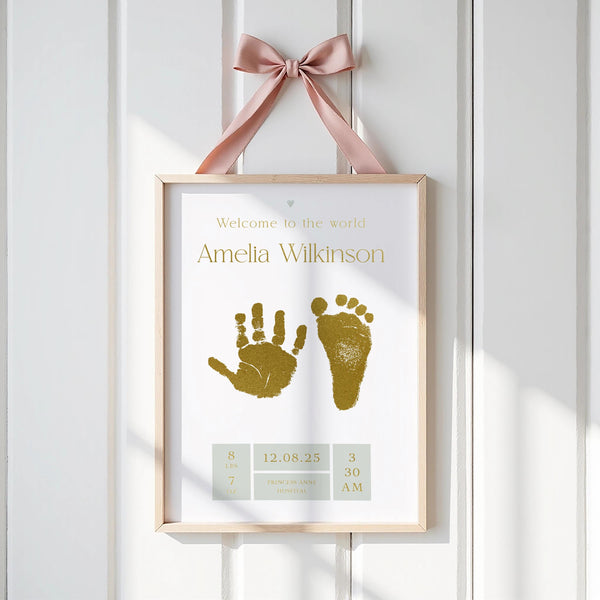 A5 Green Personalised Baby Hand & Footprint Metallic Foil Print, New Baby Keepsake Gift, With Ink-less Ink Kit