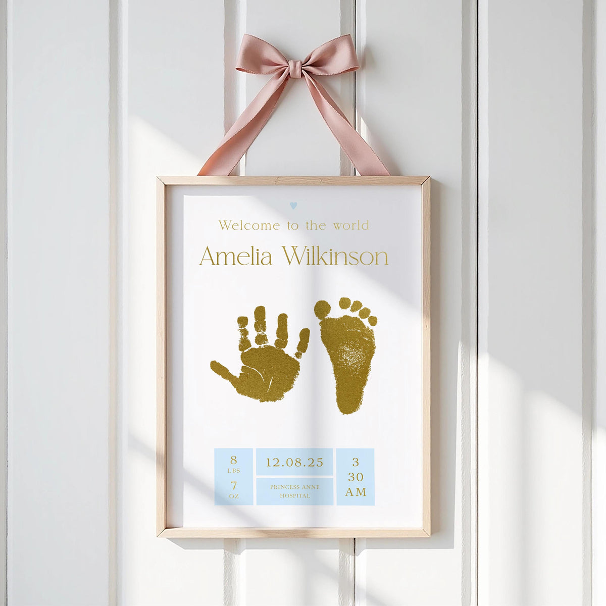 A5 Blue Personalised Baby Hand & Footprint Metallic Foil Print, New Baby Keepsake Gift, With Ink-less Ink Kit